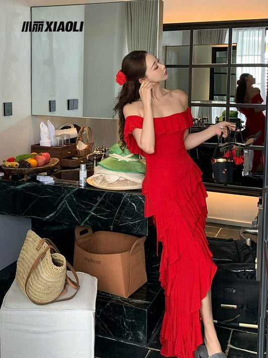 XIAOLI coral tencel wool red one shoulder dress spring niche design ruffled long skirt