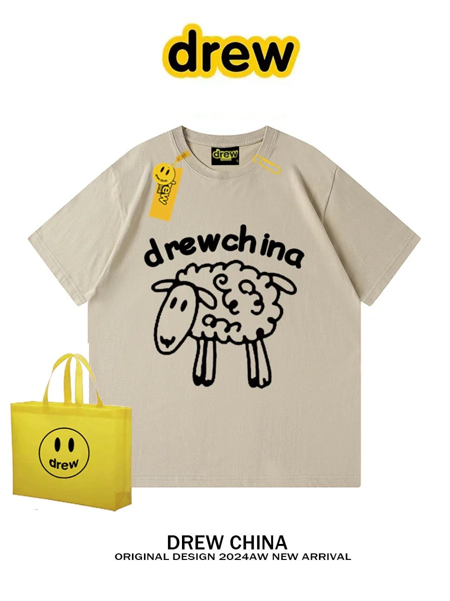 drew American trendy brand coco sheep cartoon print short-sleeved T-shirt for men and women couples niche casual loose half-sleeve INS