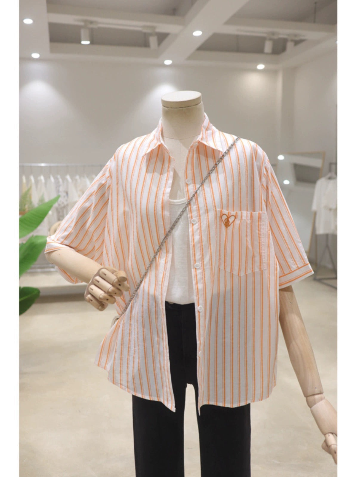 Simple pocket small love embroidery 2024 summer loose slim front short back long cotton short-sleeved striped shirt for women