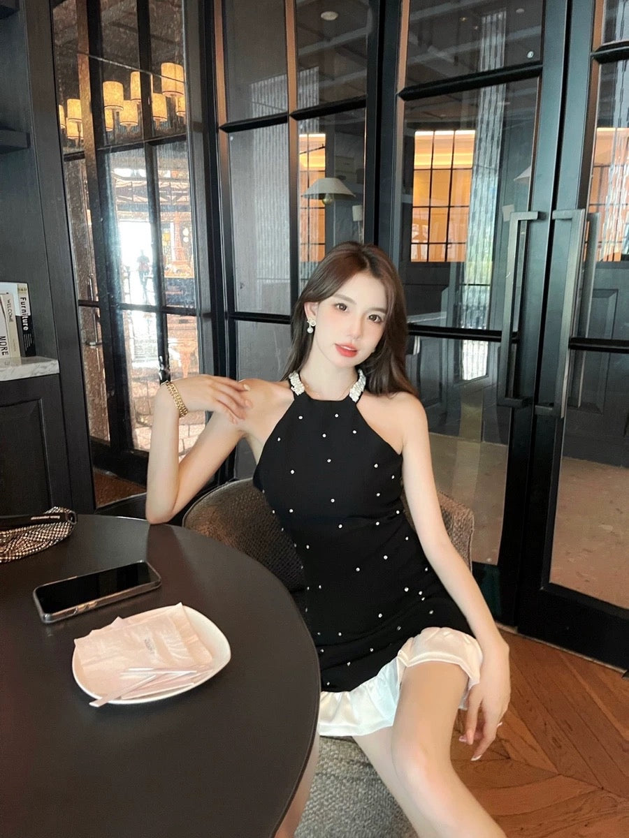 Born Miss French High end Heavy Industry Black Halter Neck Dress