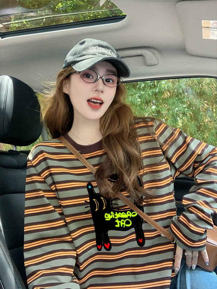 Cat print striped long-sleeved T-shirt for women 2025 new spring bottoming shirt American retro loose slim top