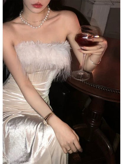 Aunt Barbie's annual party velvet tube top dress women's autumn and winter exquisite birthday dress furry long skirt New Year's shirt