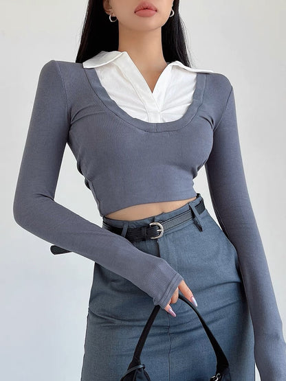 liviahome college style shirt collar fake two-piece top for women autumn hot girl tight short navel-baring long-sleeved T-shirt (T196)