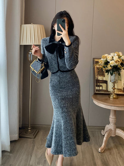 Xiaoxiangfeng short top, slimming fishtail skirt suit, fashionable and western-style two-piece dress that reduces age, looks slimming and covers the flesh.