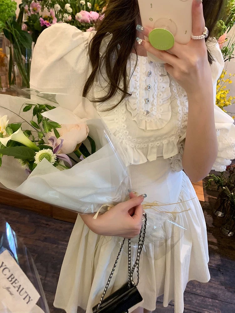 Tongse | Pure White Alice Elegant Retro French Dress Lace Puff Sleeve Princess Dress Summer