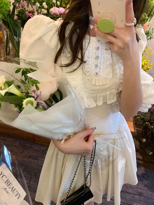 Tongse | Pure White Alice Elegant Retro French Dress Lace Puff Sleeve Princess Dress Summer