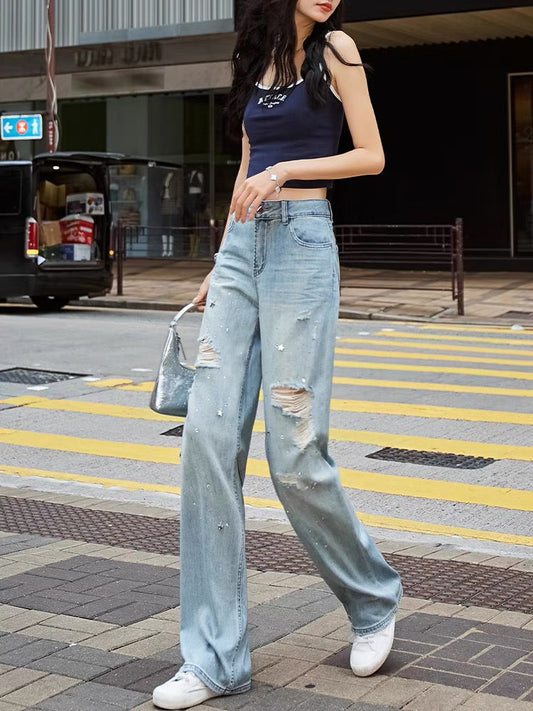High-waisted perforated ripped straight wide-leg jeans for women 2023 autumn new thin loose drape floor mopping pants (P141)