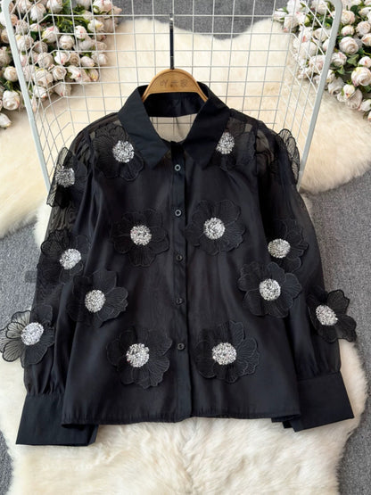 White shirt women 2024 early spring new design niche beaded three-dimensional flower shirt top