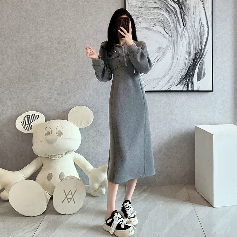 Hooded mid-length velvet thickened sweatshirt skirt women's autumn and winter 2023 new European high-end casual dress