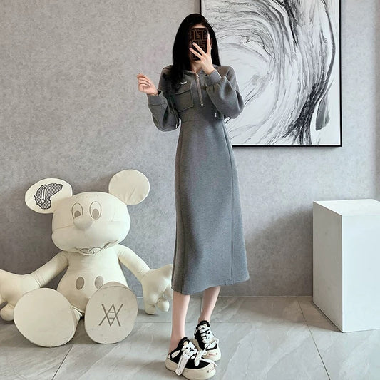 Hooded mid-length velvet thickened sweatshirt skirt women's autumn and winter 2023 new European high-end casual dress