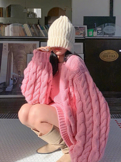 Pink soft and glutinous twist sweater for women autumn and winter 2023 new Korean style gentle mid-length lazy style sweater V1145