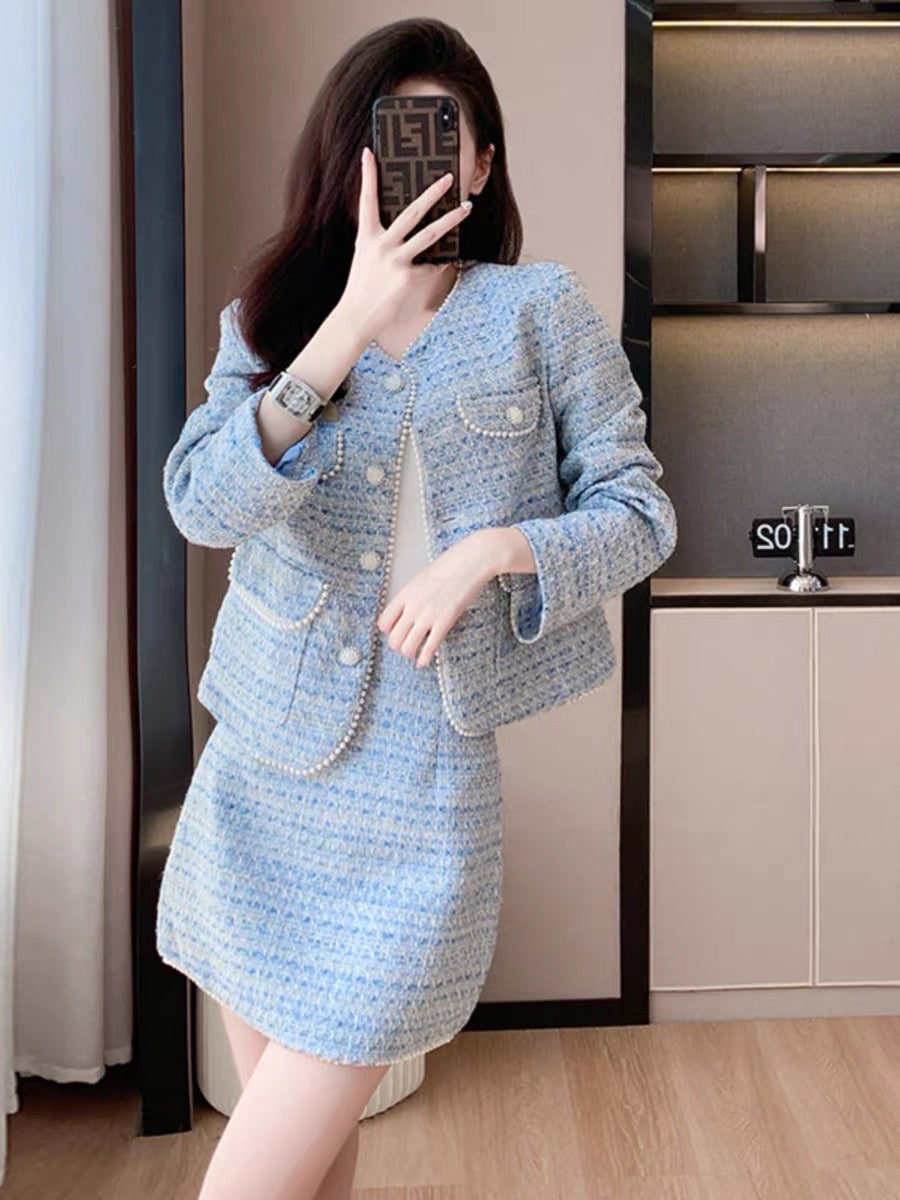 Blue small fragrant style fashion suit for women 2023 autumn new temperament age-reducing celebrity style two-piece set for small people