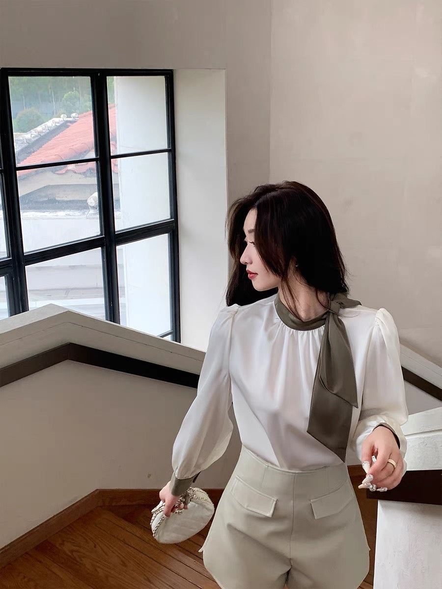 cchen Chen Chen French tie-collar bow high-end sense color contrast shirt design sense small top temperament autumn