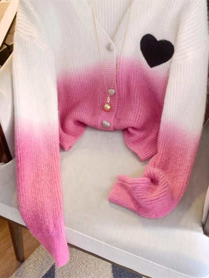 Gradient pink love V-neck knitted cardigan for women 2023 autumn and winter new style warm and soft waxy short outer sweater jacket V1135
