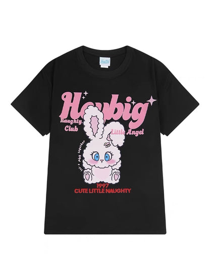 ins loose thin round neck top summer rabbit print shoulder oversize men's and women's T-shirt half-sleeved sleeves
