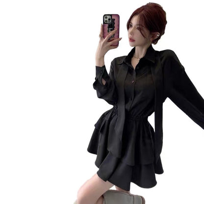 2023 new autumn Korean design lapel black shirt dress waist slimming short skirt for women (D022)