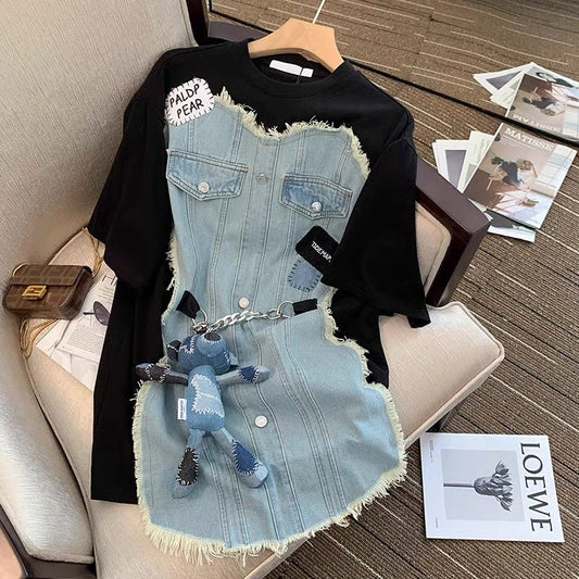 Short-sleeved women's 2023 new summer style irregular denim splicing slimming slim temperament mid-length top ins trend