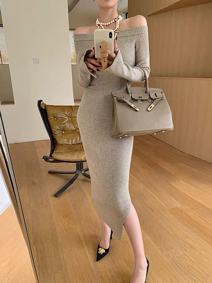 WANGXO long-sleeved one-shoulder knitted dress for women autumn 2023 new slim fit bottoming hip skirt (B1713)