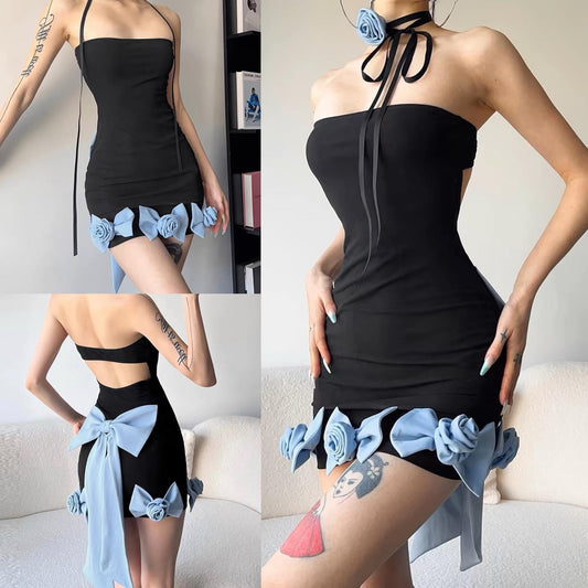 KLIOU sweet and cool design milk blue bow tube top dress for women, backless slimming hip skirt