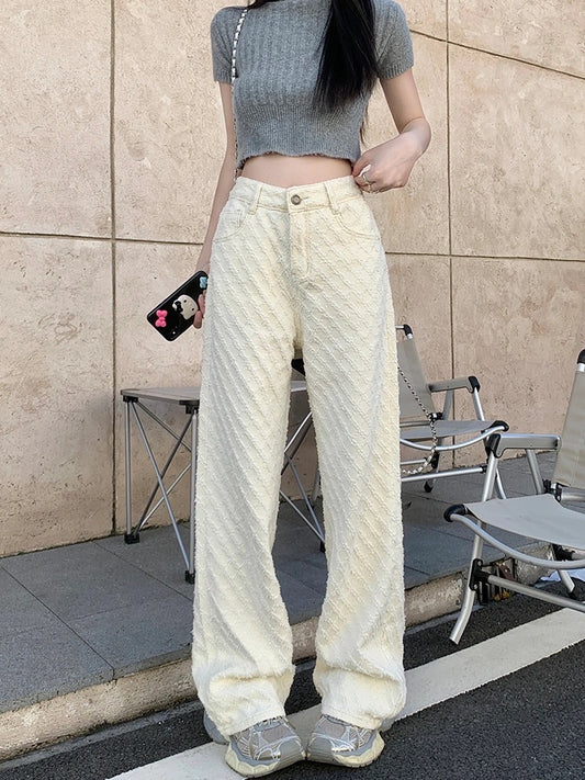 White loose new jacquard jeans casual pants for women early spring high-waisted straight pants floor-length wide-leg pants long pants