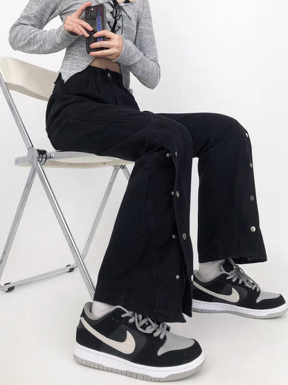 Micro-flare slit jeans for women plus size fat MM high-waist slim loose wide-leg pants pear-shaped body pants American style A3364
