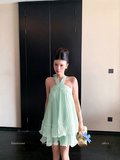 LINONEONE "Dream Prayer" Staycation Chiffon Halter-Neck Camisole Dress – Multi-Layer Pleated Off-Shoulder Style