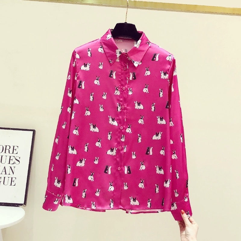 Satin silk rose red shirt femininity foreign style high-end printed long-sleeved top early autumn design sense niche