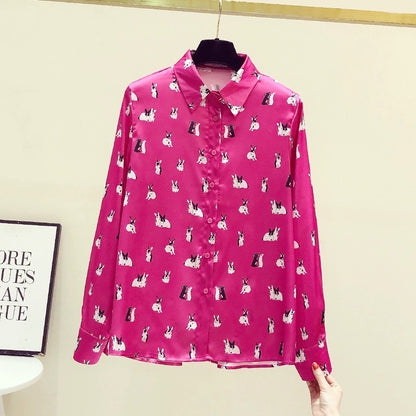 Satin silk rose red shirt femininity foreign style high-end printed long-sleeved top early autumn design sense niche