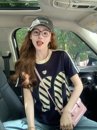 Contrast color letter print short-sleeved T-shirt for women 2025 new summer design American straight shoulder casual half-sleeved top