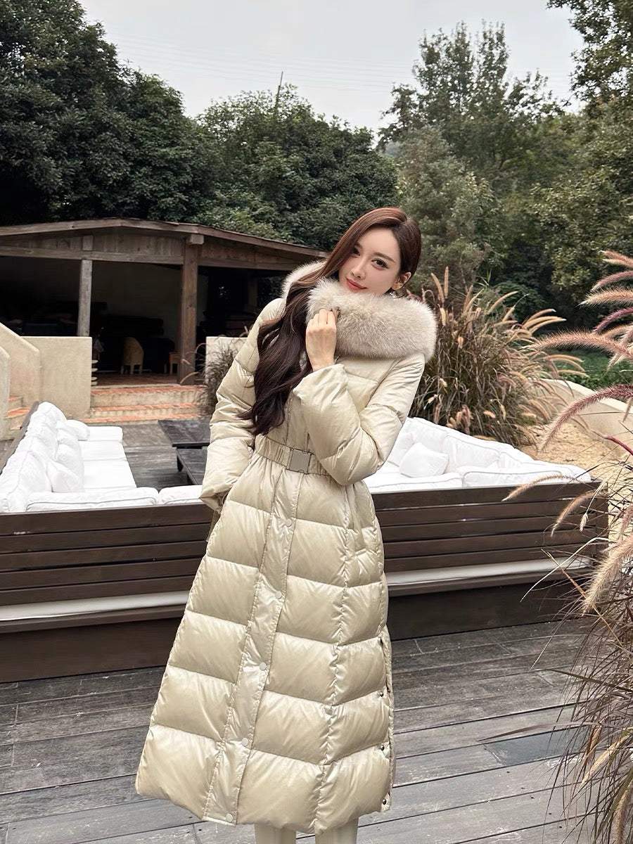 Shanxi said that champagne color large 90 white duck down long warm down jacket women's winter hooded high-end temperament coat (B1314)