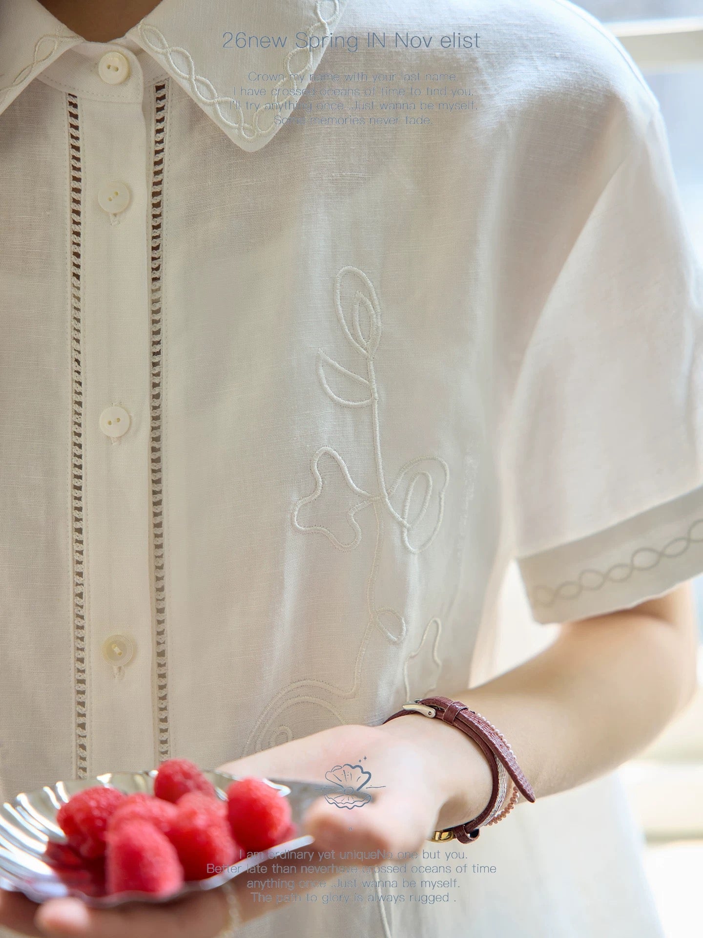 Nov elist - French-style relaxed embroidered top, fold-over short-sleeved white shirt, new summer style for women.