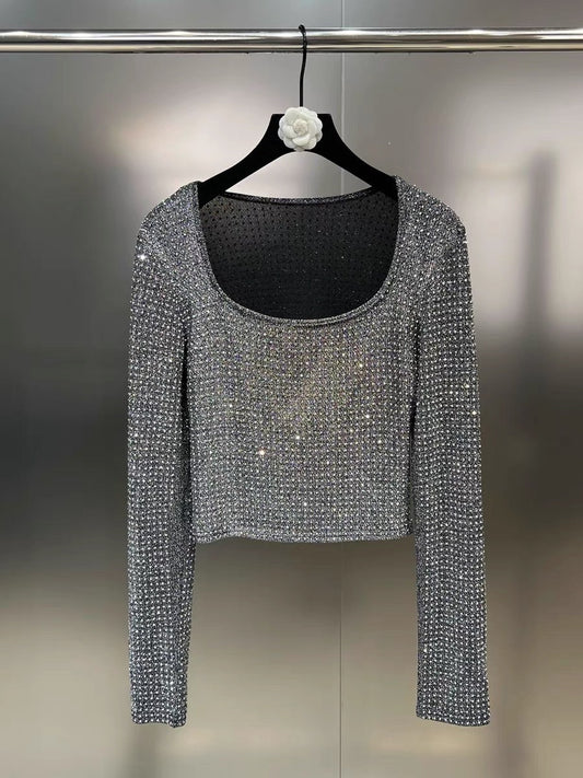 Net red pomelo MM 2023 autumn square collar long sleeve high temperature hot diamond bright shiny slim slim all-match shirt