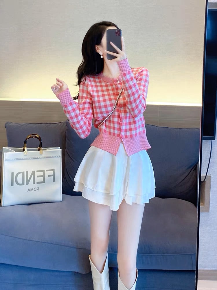 Knitted Cardigan Women's Early Autumn 2023 New Women's Top Small Slim Pink Plaid Short Jacket Sweater (S4447)