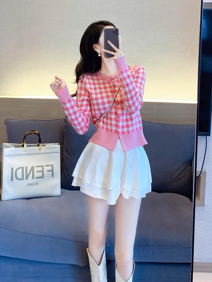 Knitted Cardigan Women's Early Autumn 2023 New Women's Top Small Slim Pink Plaid Short Jacket Sweater (S4447)