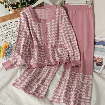 Suit women's 2023 autumn houndstooth square collar exposed collarbone single-breasted knitted jacket elastic waist slimming wide-leg pants