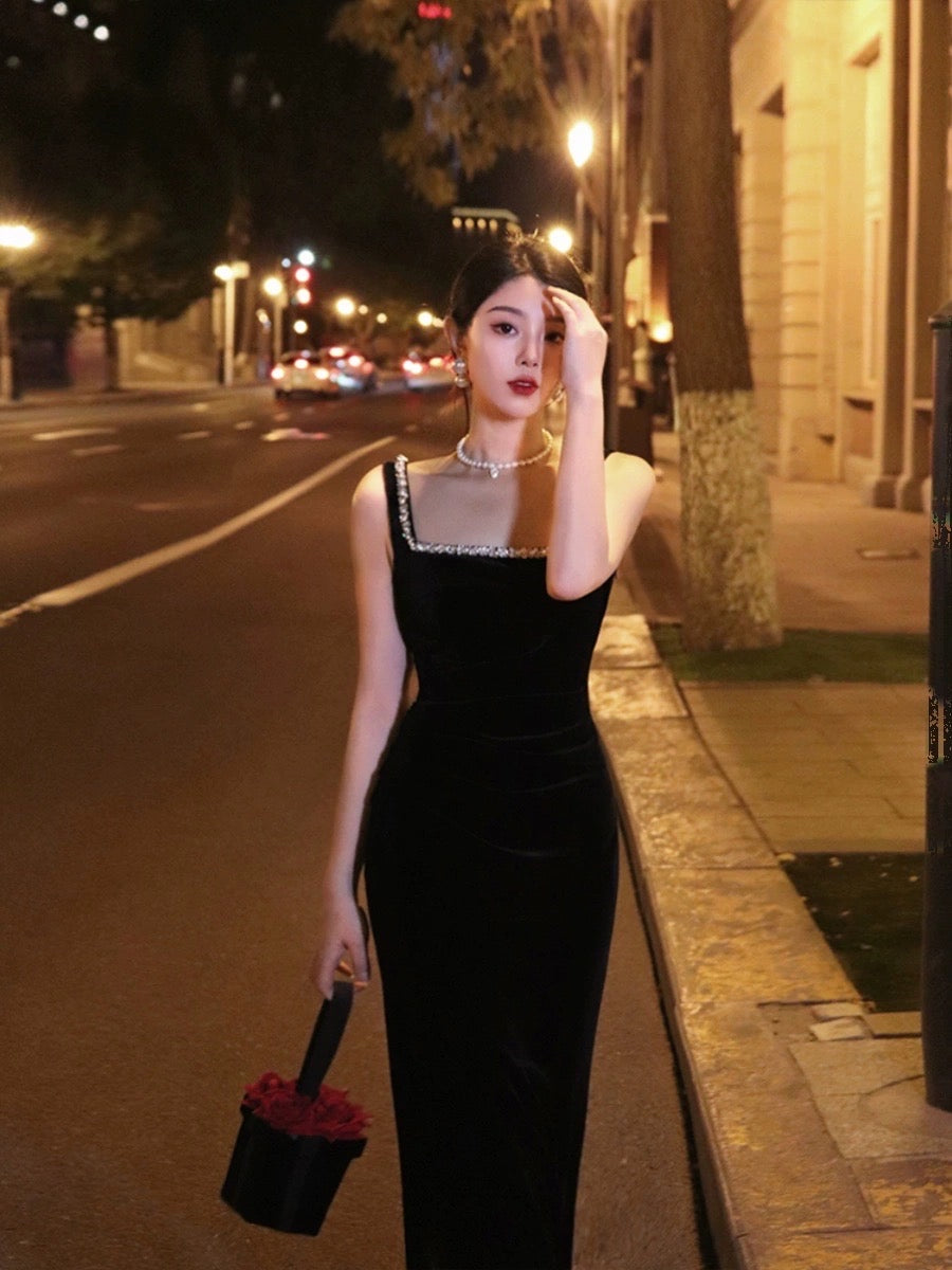 Thirteen and Little French suspender dress female summer slim slit diamond Hepburn style velvet black dress