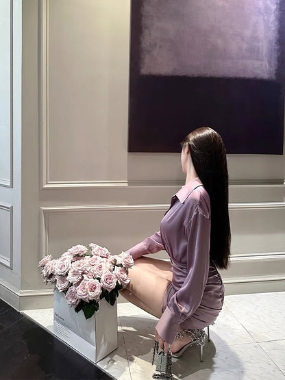 For Fay light purple satin pleated hip-hugging slim shirt dress high-end design temperament waist dress