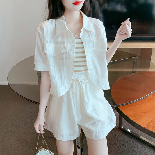 2024 summer new fashion sun protection shirt top shirt shorts stylish small casual suit female three-piece suit