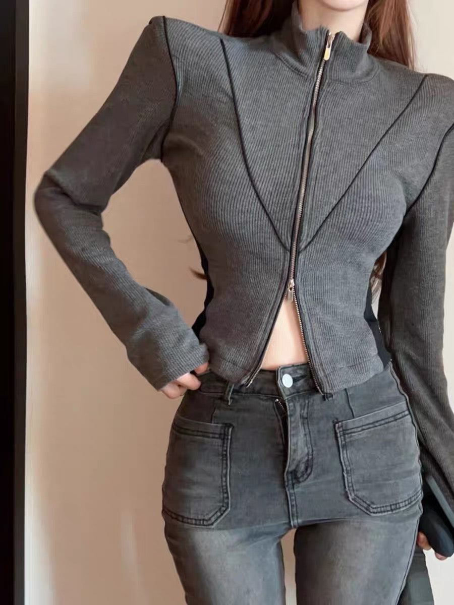 Autumn sweet and cool stand-up collar short long-sleeved double zipper design t-shirt cardigan women's slim and versatile coat top