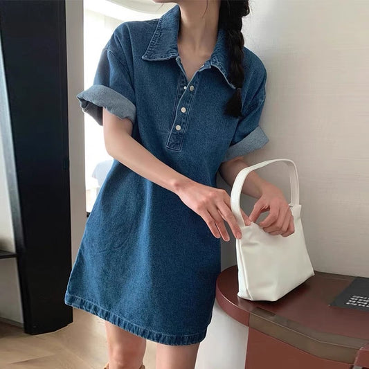 Korean chic summer retro temperament polo collar design sense niche loose curling short-sleeved denim dress female