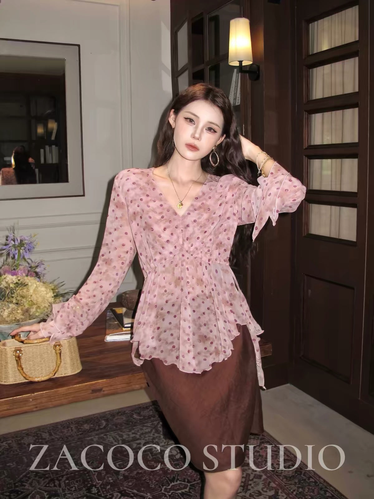 ZACOCO Women's Summer Pink Polka-Dot Sun-Protection Shirt – 2026 New Arrival: Stylish French-Style Top with a Waist-Cinching, Slimming Fit.
