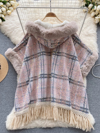 Internet celebrity cape coat for women 2023 new popular winter hooded plaid mid-length velvet thickened shawl coat