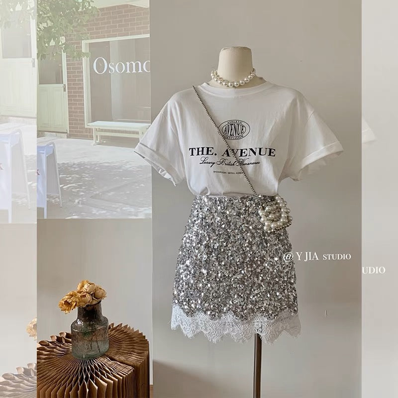 [Nanyou Designer Style] Women's Fashion Print Short-sleeved Chic Sequin Skirt Slimming Two-piece Suit