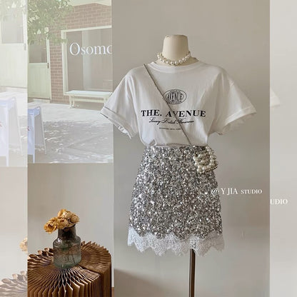 [Nanyou Designer Style] Women's Fashion Print Short-sleeved Chic Sequin Skirt Slimming Two-piece Suit