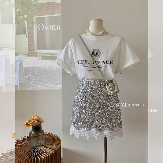 [Nanyou Designer Style] Women's Fashion Print Short-sleeved Chic Sequin Skirt Slimming Two-piece Suit