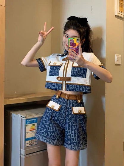MUEL Original ◆Small fragrant style denim suit for women in summer, small Internet celebrity street casual high-end two-piece set (S036)