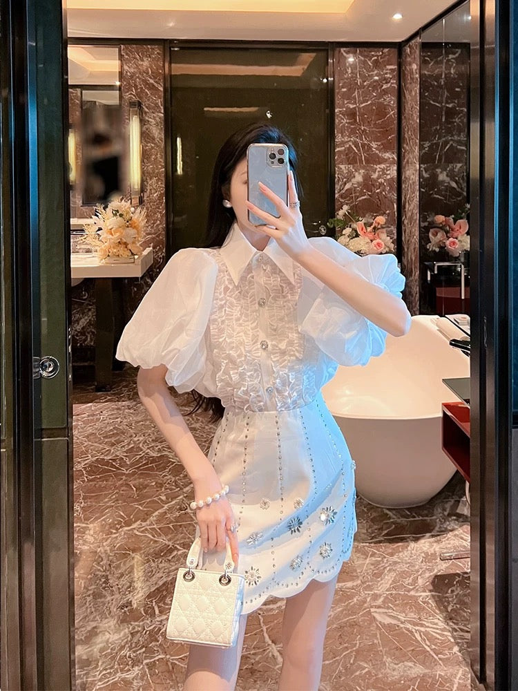 BETTER LS Chanel style suit for women French puff sleeves white shirt beaded skirt high-end two-piece suit