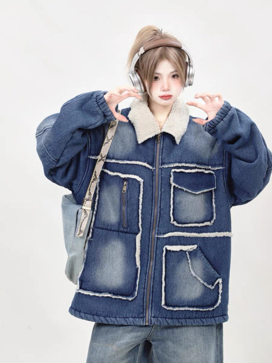 High-end and super good-looking 2023 new loose denim cotton-padded clothes for women winter thickened lamb wool coats and cotton-padded jackets A3343