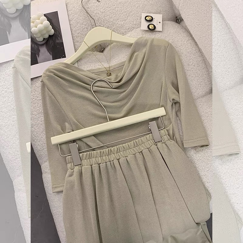 2023 new summer casual and mature style women's two-piece set, irregular one-shoulder top + waist skirt (S012)
