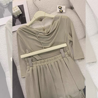 2023 new summer casual and mature style women's two-piece set, irregular one-shoulder top + waist skirt (S012)